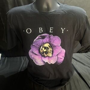 Obey Black T-Shirt with Purple Skull Flower-size medium-#499